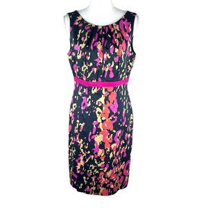 David Meister Women Navy Blue Sheath Dress Sz 8 Abstract Print Pink Orange